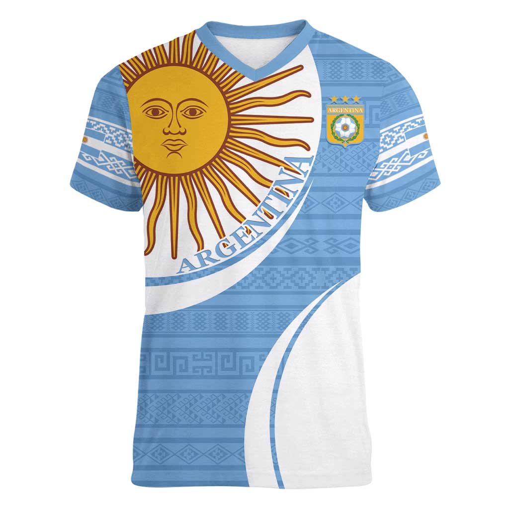 Custom Argentina Football Women V-Neck T-Shirt Vamos La Albiceleste - Sky Blue Version - Wonder Print Shop