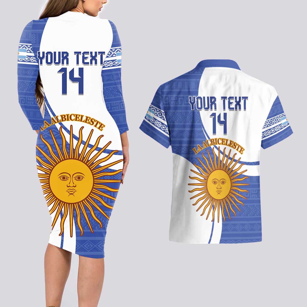 Custom Argentina Football Couples Matching Long Sleeve Bodycon Dress and Hawaiian Shirt Vamos La Albiceleste - Navy Blue Version - Wonder Print Shop