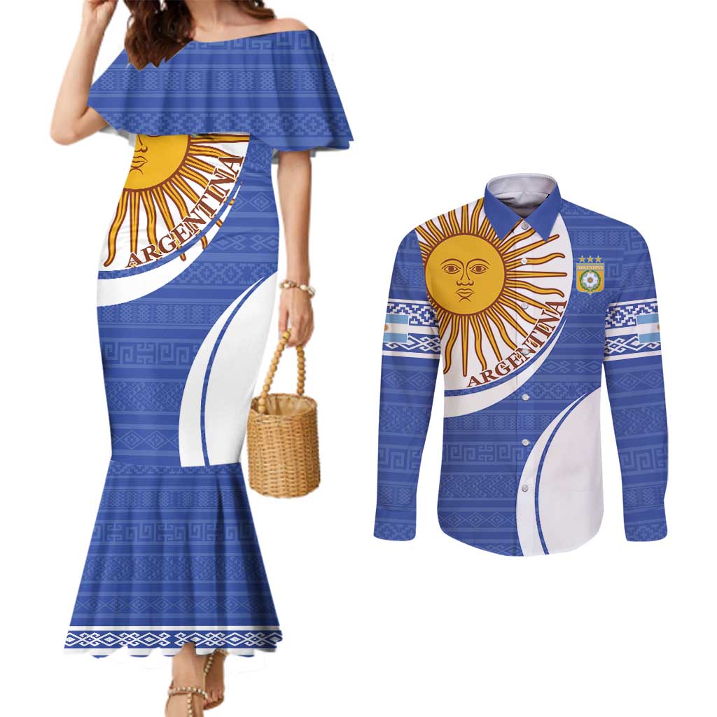 Custom Argentina Football Couples Matching Mermaid Dress and Long Sleeve Button Shirt Vamos La Albiceleste - Navy Blue Version