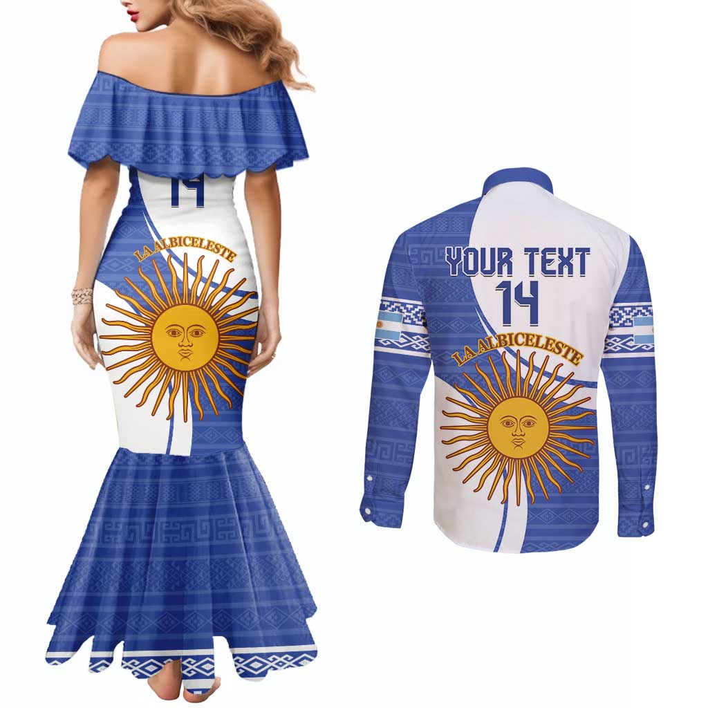 Custom Argentina Football Couples Matching Mermaid Dress and Long Sleeve Button Shirt Vamos La Albiceleste - Navy Blue Version