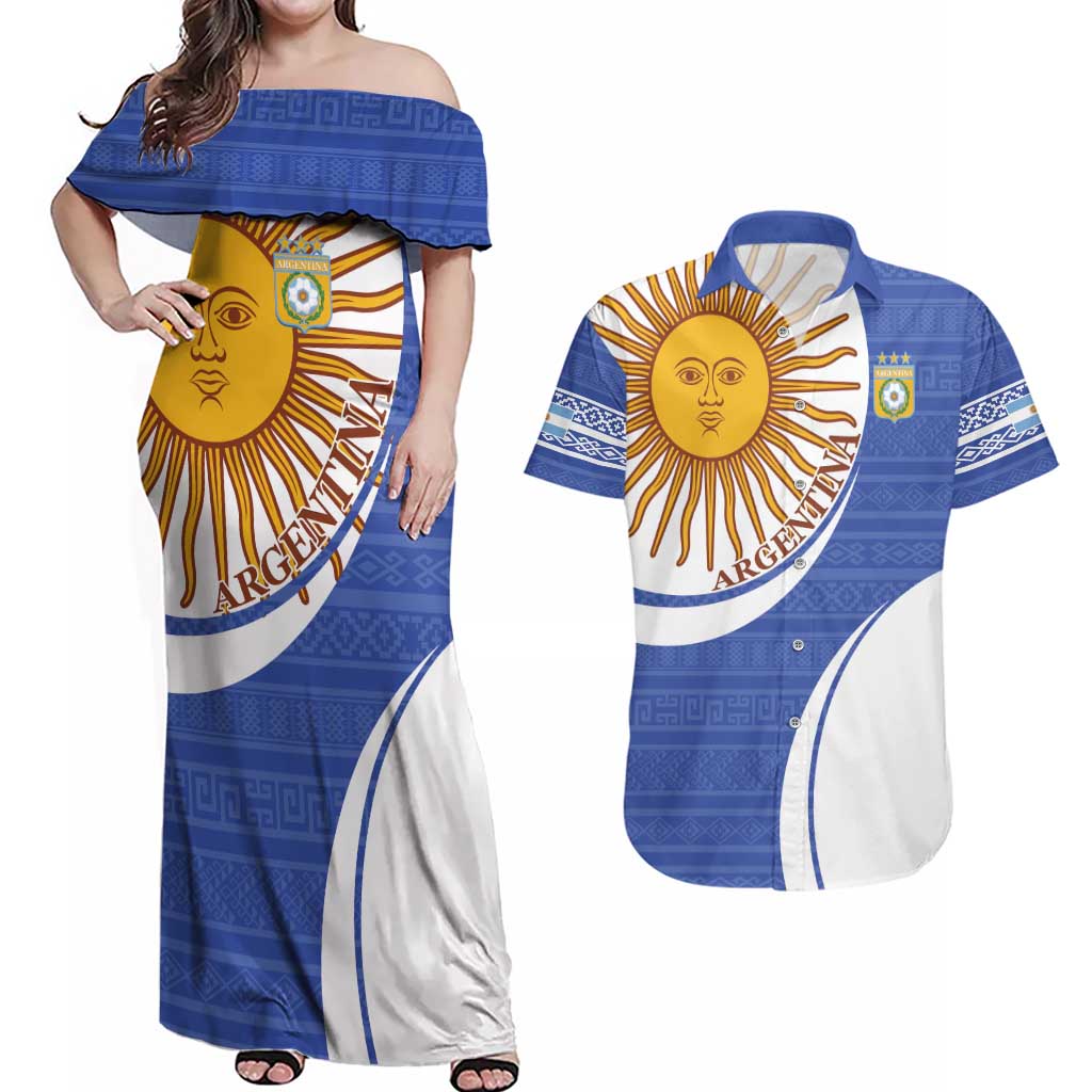 Custom Argentina Football Couples Matching Off Shoulder Maxi Dress and Hawaiian Shirt Vamos La Albiceleste - Navy Blue Version - Wonder Print Shop