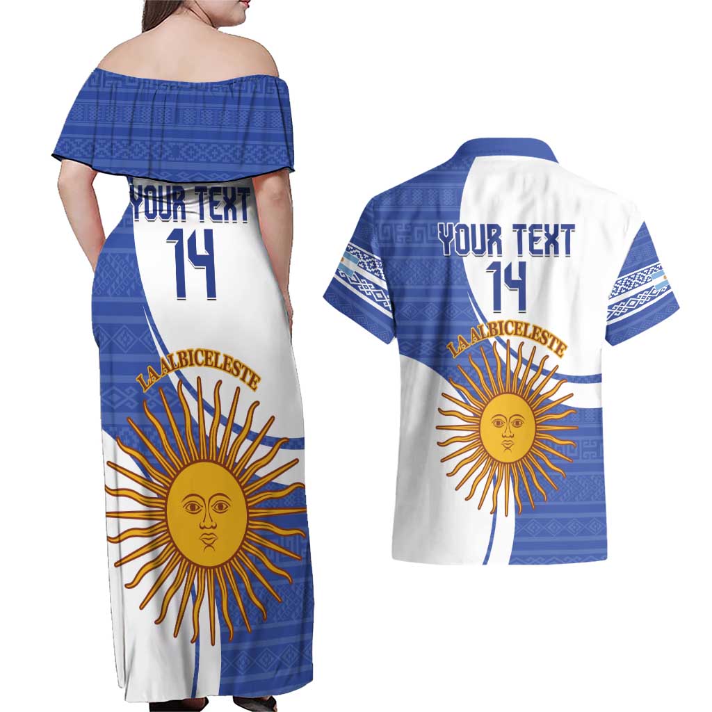 Custom Argentina Football Couples Matching Off Shoulder Maxi Dress and Hawaiian Shirt Vamos La Albiceleste - Navy Blue Version - Wonder Print Shop