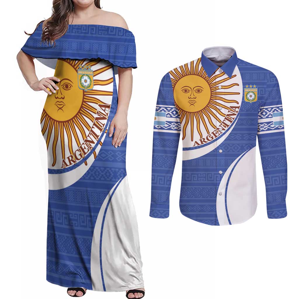Custom Argentina Football Couples Matching Off Shoulder Maxi Dress and Long Sleeve Button Shirt Vamos La Albiceleste - Navy Blue Version - Wonder Print Shop