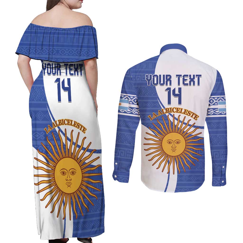Custom Argentina Football Couples Matching Off Shoulder Maxi Dress and Long Sleeve Button Shirt Vamos La Albiceleste - Navy Blue Version - Wonder Print Shop