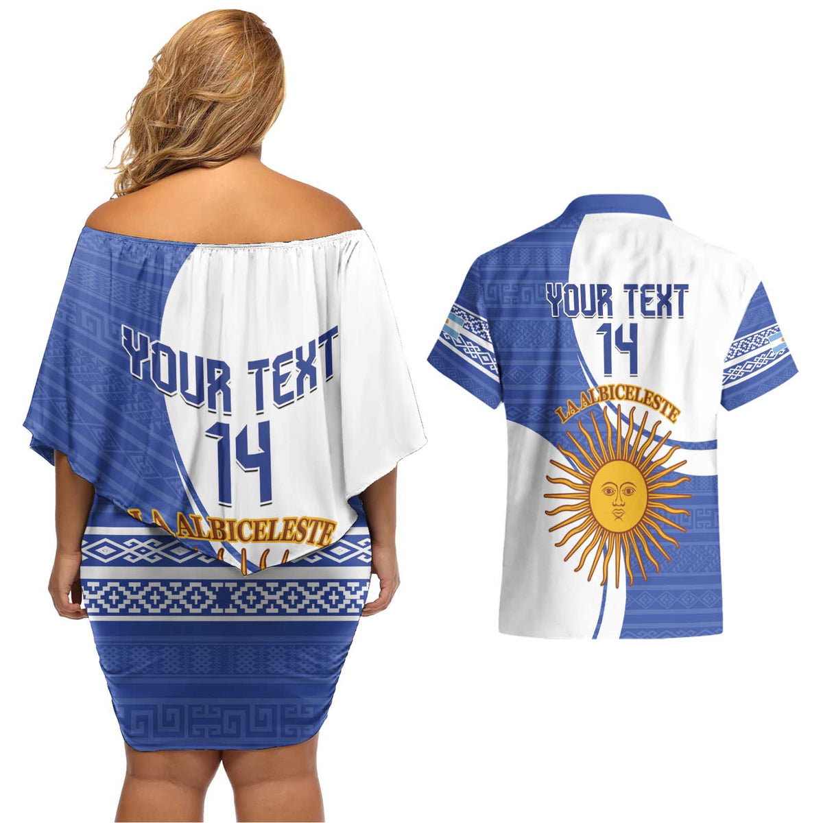 Custom Argentina Football Couples Matching Off Shoulder Short Dress and Hawaiian Shirt Vamos La Albiceleste - Navy Blue Version - Wonder Print Shop