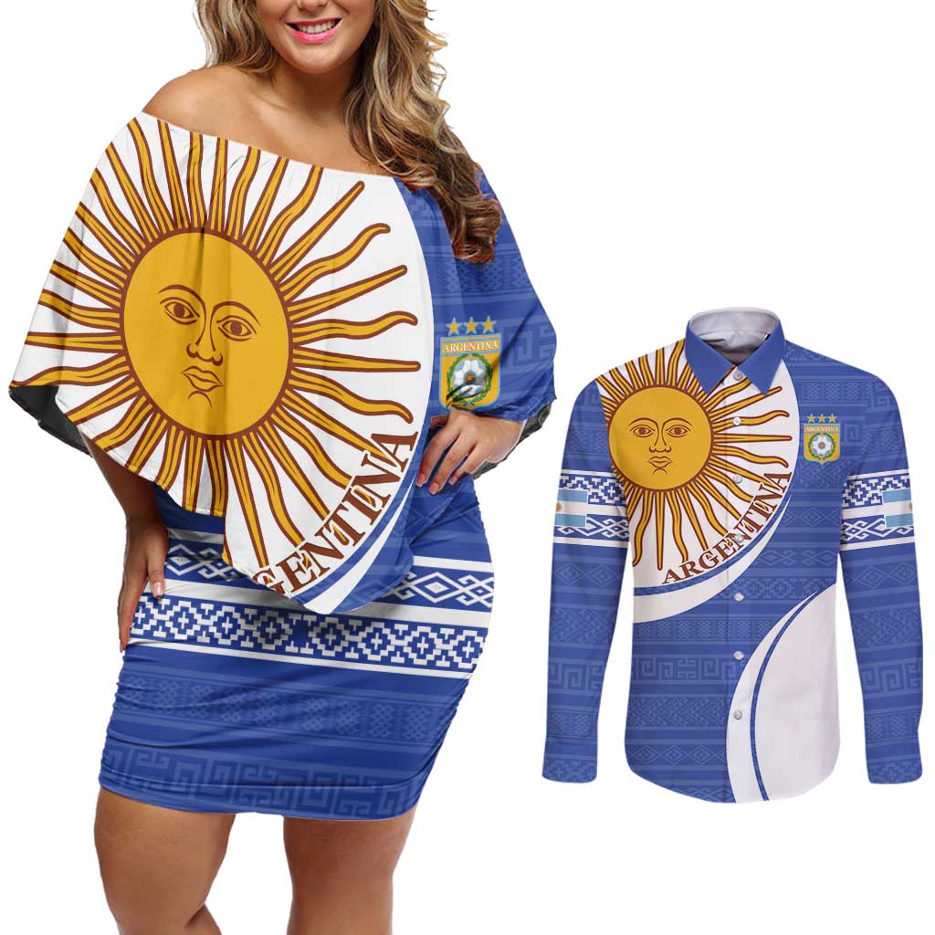 Custom Argentina Football Couples Matching Off Shoulder Short Dress and Long Sleeve Button Shirt Vamos La Albiceleste - Navy Blue Version - Wonder Print Shop