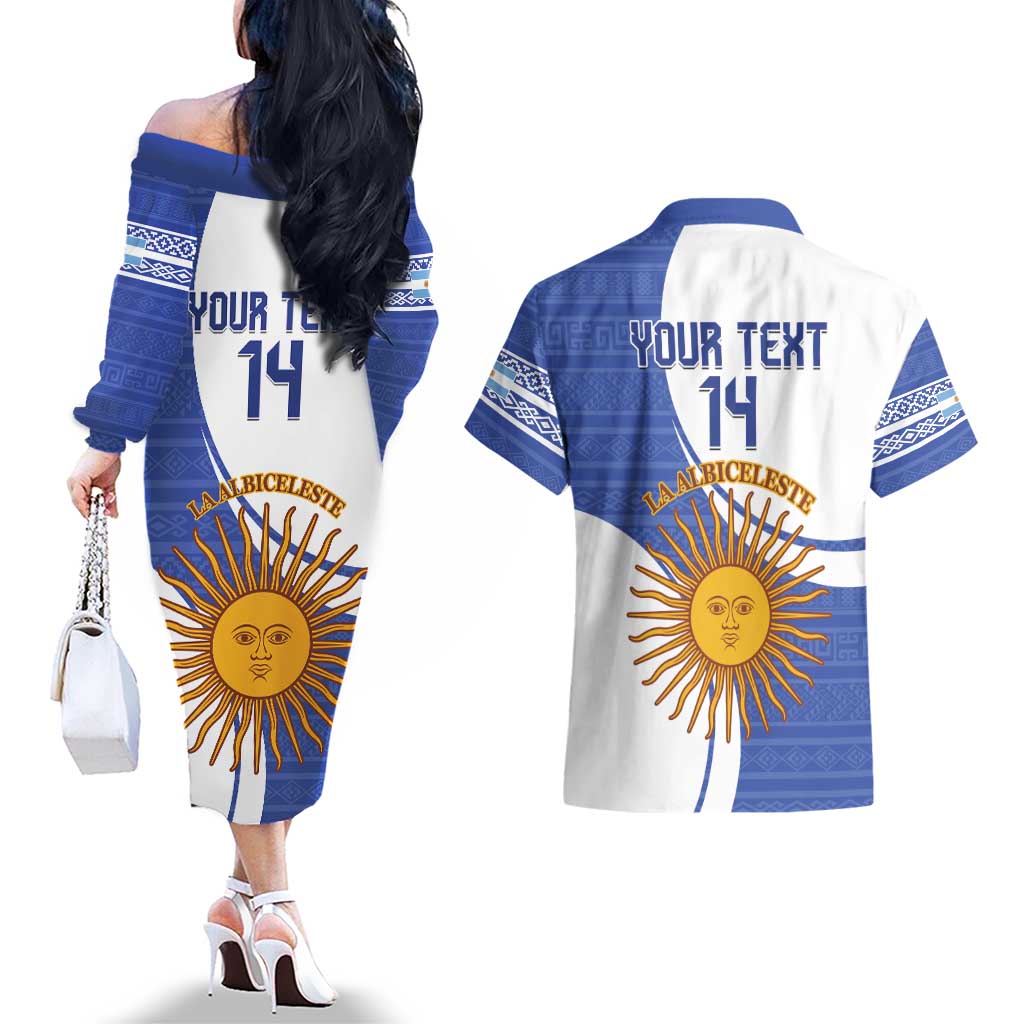 Custom Argentina Football Couples Matching Off The Shoulder Long Sleeve Dress and Hawaiian Shirt Vamos La Albiceleste - Navy Blue Version - Wonder Print Shop
