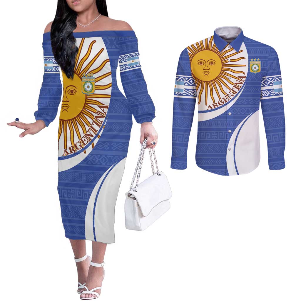 Custom Argentina Football Couples Matching Off The Shoulder Long Sleeve Dress and Long Sleeve Button Shirt Vamos La Albiceleste - Navy Blue Version