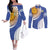 Custom Argentina Football Couples Matching Off The Shoulder Long Sleeve Dress and Long Sleeve Button Shirt Vamos La Albiceleste - Navy Blue Version