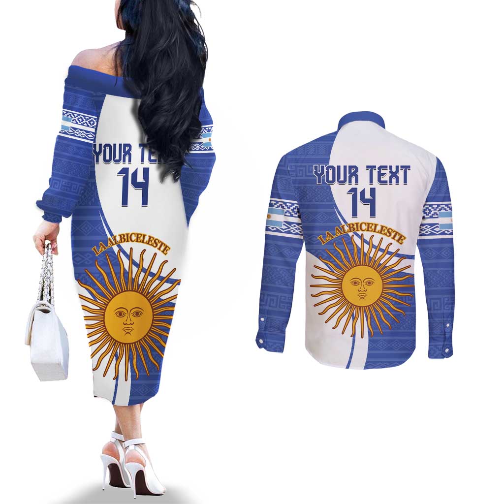Custom Argentina Football Couples Matching Off The Shoulder Long Sleeve Dress and Long Sleeve Button Shirt Vamos La Albiceleste - Navy Blue Version