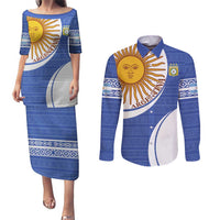 Custom Argentina Football Couples Matching Puletasi and Long Sleeve Button Shirt Vamos La Albiceleste - Navy Blue Version - Wonder Print Shop