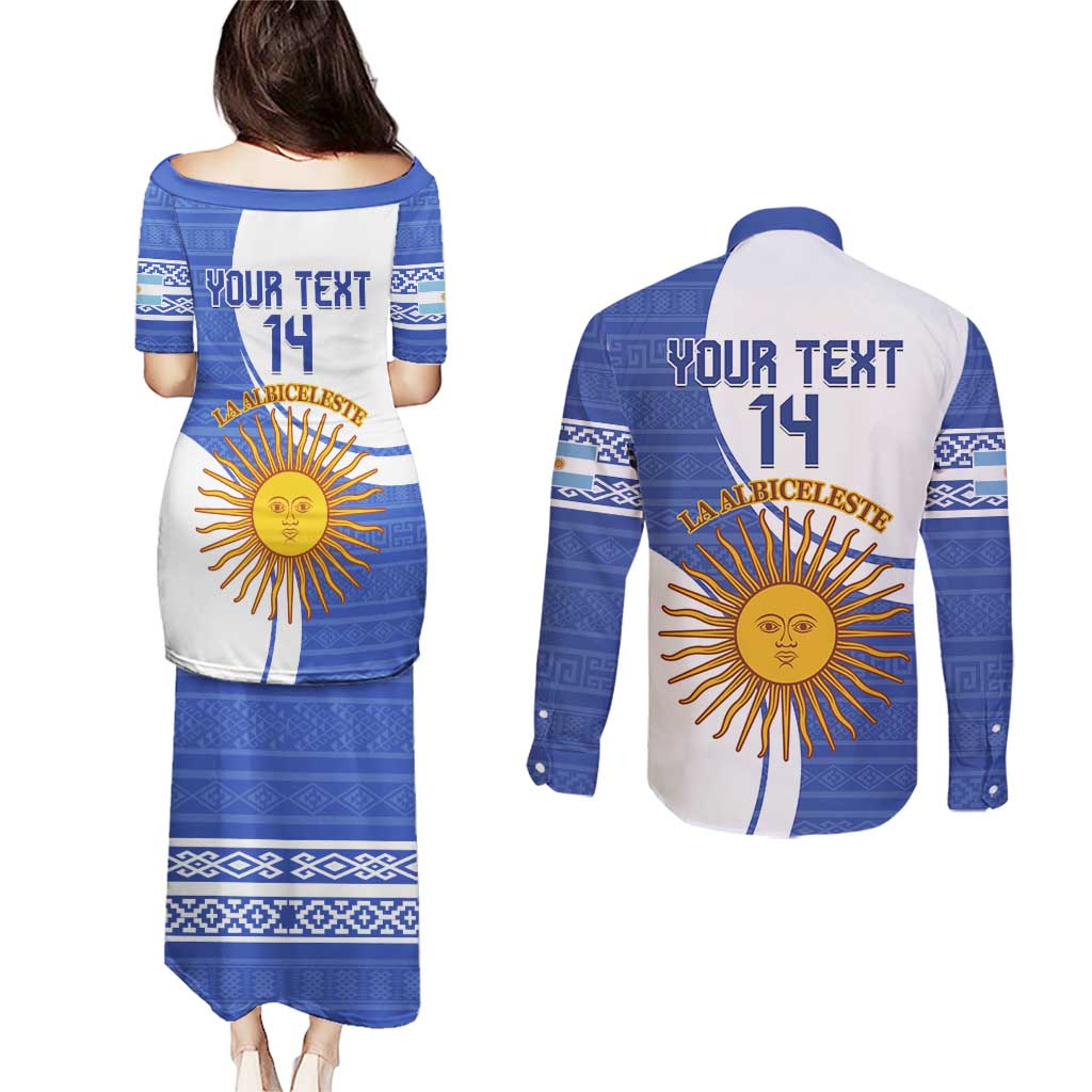 Custom Argentina Football Couples Matching Puletasi and Long Sleeve Button Shirt Vamos La Albiceleste - Navy Blue Version - Wonder Print Shop