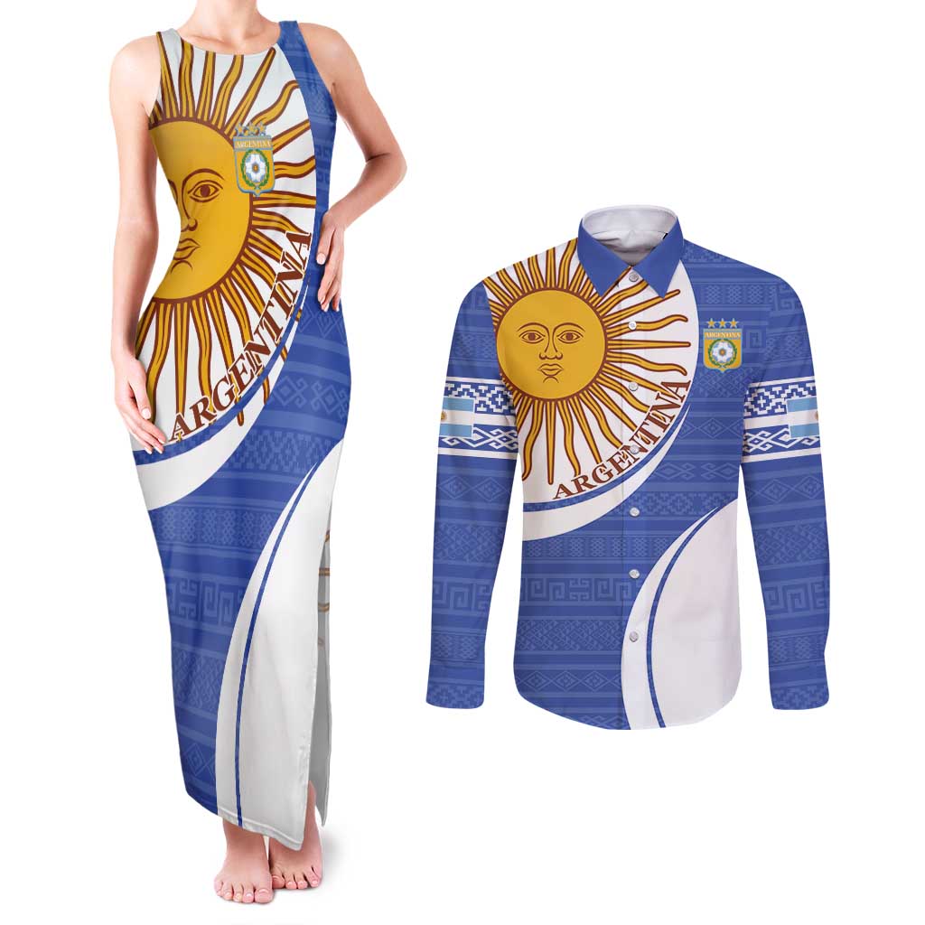 Custom Argentina Football Couples Matching Tank Maxi Dress and Long Sleeve Button Shirt Vamos La Albiceleste - Navy Blue Version - Wonder Print Shop
