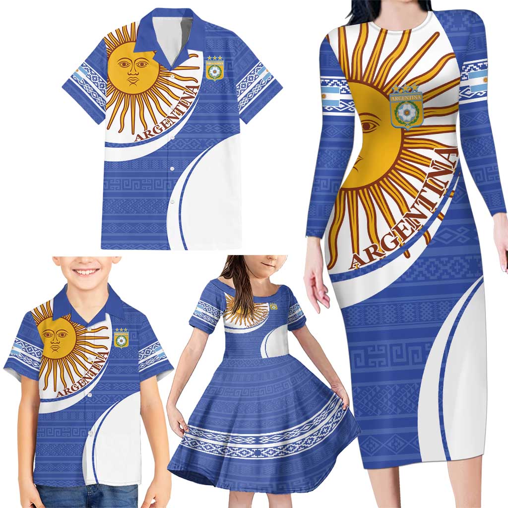Custom Argentina Football Family Matching Long Sleeve Bodycon Dress and Hawaiian Shirt Vamos La Albiceleste - Navy Blue Version - Wonder Print Shop