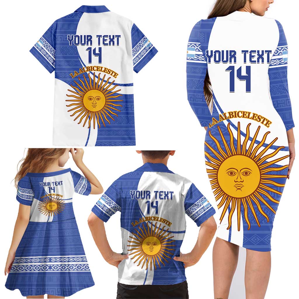 Custom Argentina Football Family Matching Long Sleeve Bodycon Dress and Hawaiian Shirt Vamos La Albiceleste - Navy Blue Version - Wonder Print Shop