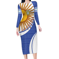 Custom Argentina Football Family Matching Long Sleeve Bodycon Dress and Hawaiian Shirt Vamos La Albiceleste - Navy Blue Version - Wonder Print Shop