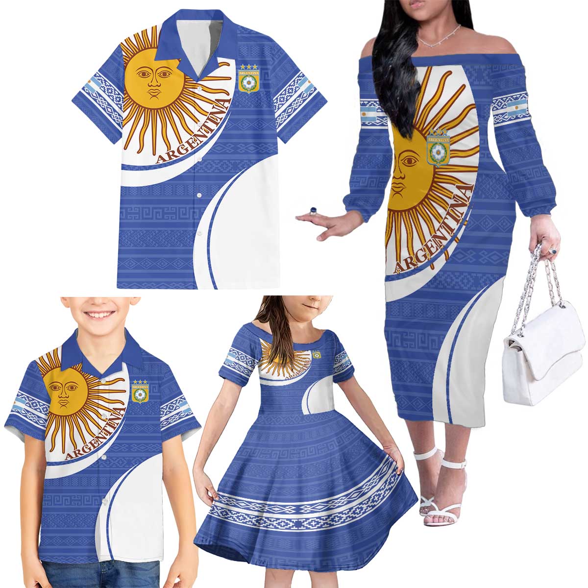 Custom Argentina Football Family Matching Off The Shoulder Long Sleeve Dress and Hawaiian Shirt Vamos La Albiceleste - Navy Blue Version - Wonder Print Shop
