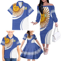 Custom Argentina Football Family Matching Off The Shoulder Long Sleeve Dress and Hawaiian Shirt Vamos La Albiceleste - Navy Blue Version - Wonder Print Shop
