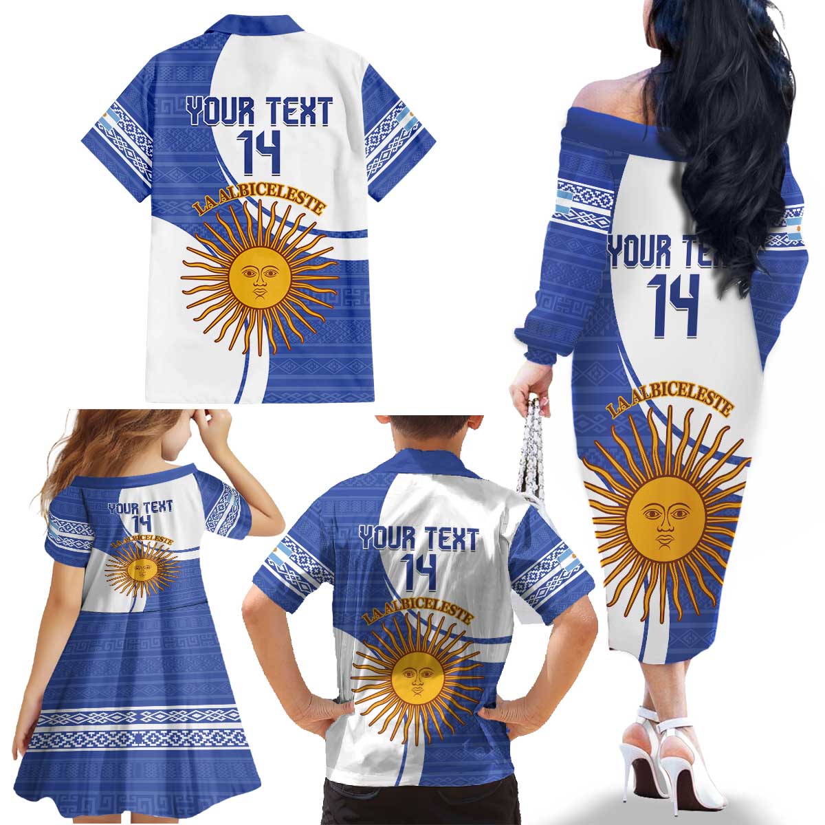 Custom Argentina Football Family Matching Off The Shoulder Long Sleeve Dress and Hawaiian Shirt Vamos La Albiceleste - Navy Blue Version - Wonder Print Shop