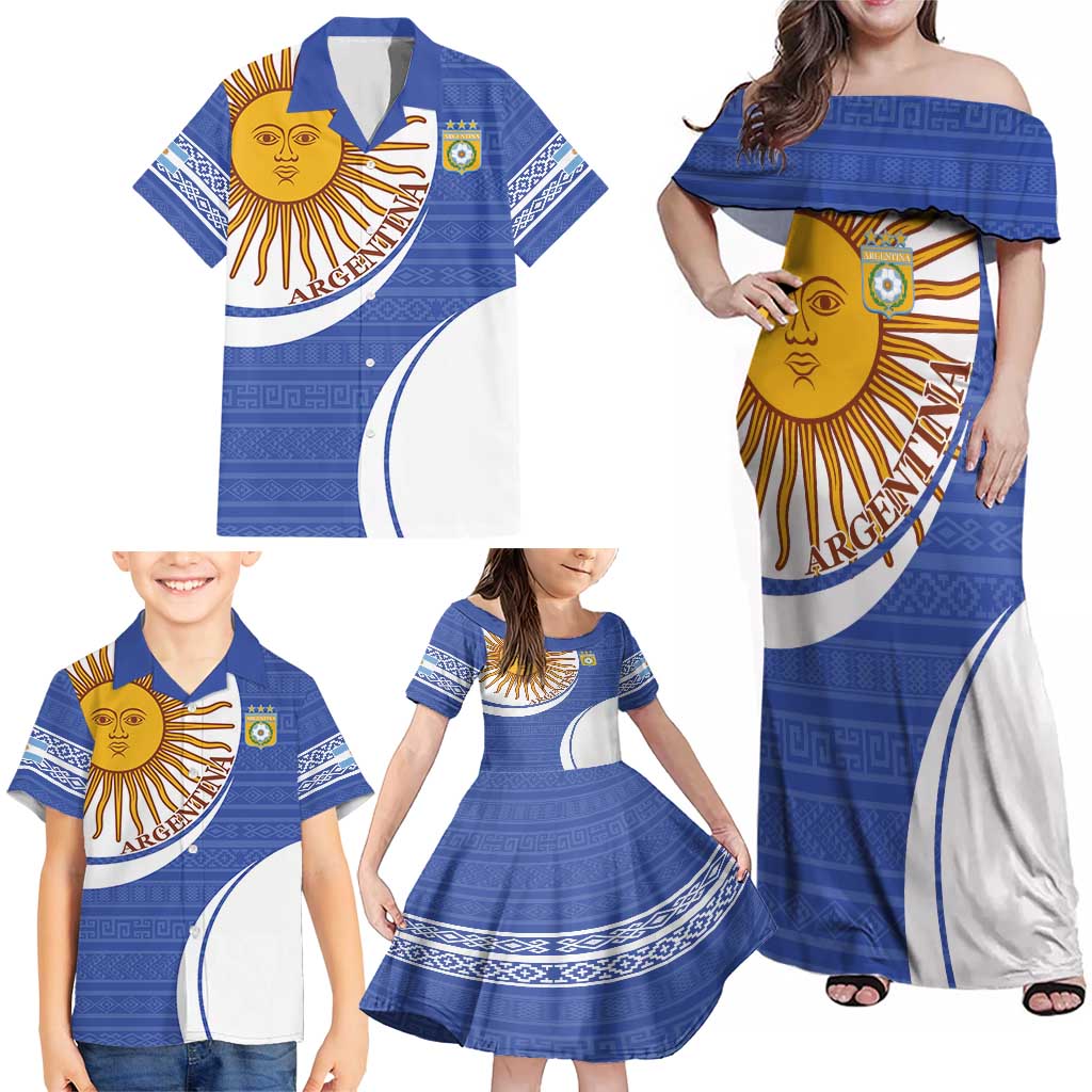 Custom Argentina Football Family Matching Off Shoulder Maxi Dress and Hawaiian Shirt Vamos La Albiceleste - Navy Blue Version - Wonder Print Shop