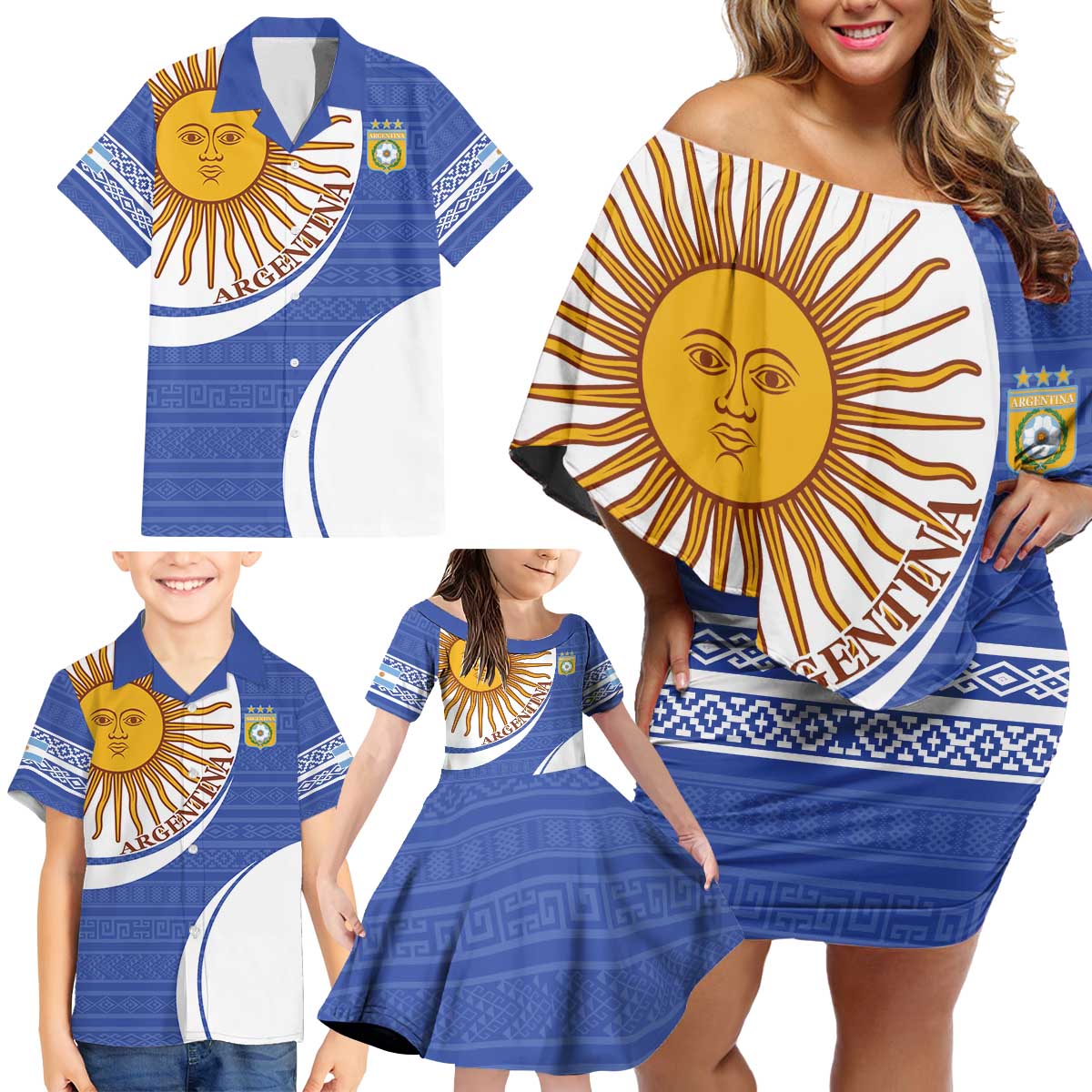 Custom Argentina Football Family Matching Off Shoulder Short Dress and Hawaiian Shirt Vamos La Albiceleste - Navy Blue Version - Wonder Print Shop