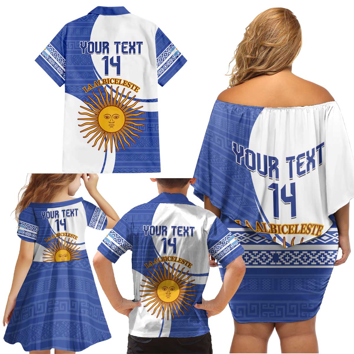 Custom Argentina Football Family Matching Off Shoulder Short Dress and Hawaiian Shirt Vamos La Albiceleste - Navy Blue Version - Wonder Print Shop