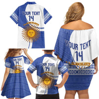 Custom Argentina Football Family Matching Off Shoulder Short Dress and Hawaiian Shirt Vamos La Albiceleste - Navy Blue Version - Wonder Print Shop