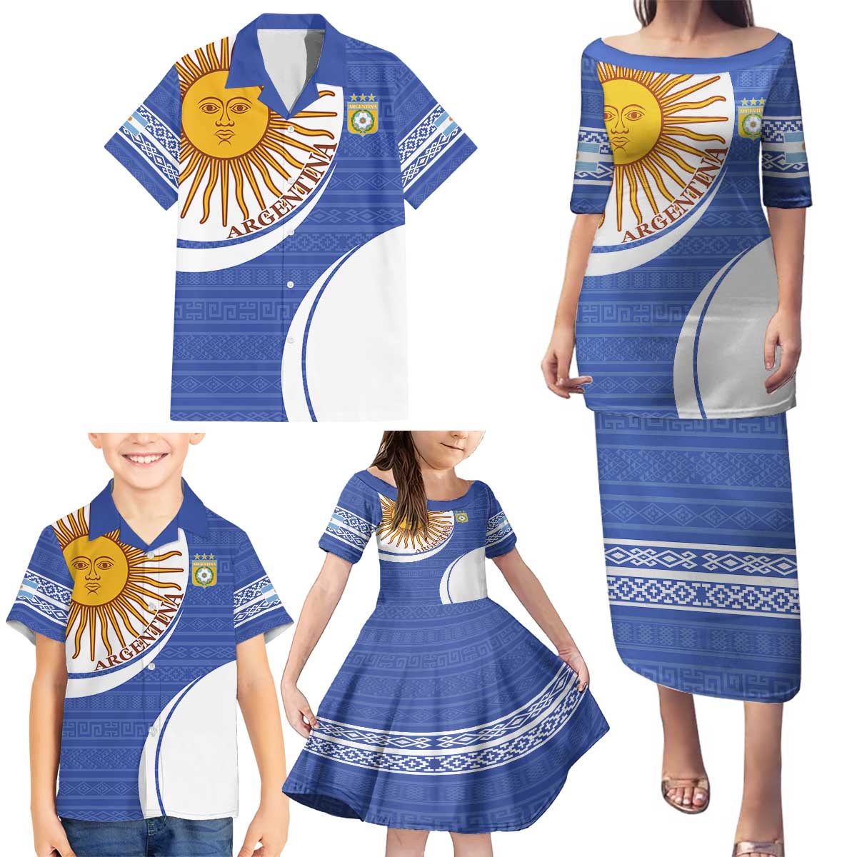 Custom Argentina Football Family Matching Puletasi and Hawaiian Shirt Vamos La Albiceleste - Navy Blue Version - Wonder Print Shop