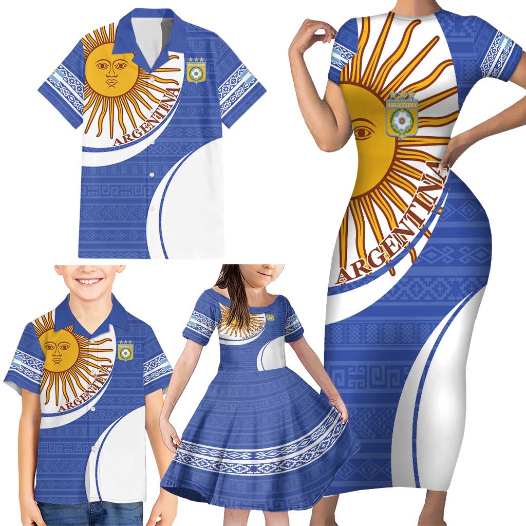Custom Argentina Football Family Matching Short Sleeve Bodycon Dress and Hawaiian Shirt Vamos La Albiceleste - Navy Blue Version - Wonder Print Shop