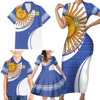 Custom Argentina Football Family Matching Short Sleeve Bodycon Dress and Hawaiian Shirt Vamos La Albiceleste - Navy Blue Version - Wonder Print Shop