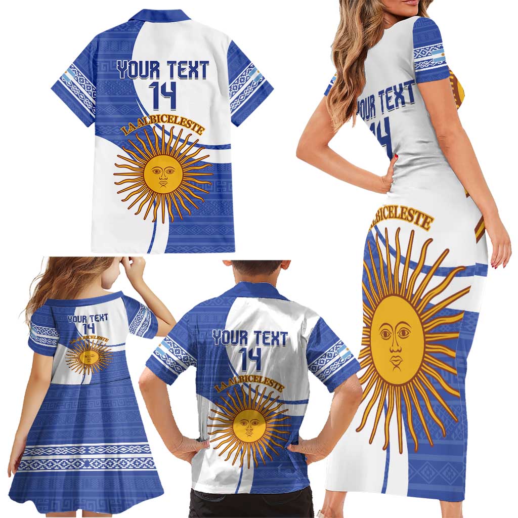 Custom Argentina Football Family Matching Short Sleeve Bodycon Dress and Hawaiian Shirt Vamos La Albiceleste - Navy Blue Version - Wonder Print Shop