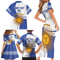 Custom Argentina Football Family Matching Short Sleeve Bodycon Dress and Hawaiian Shirt Vamos La Albiceleste - Navy Blue Version - Wonder Print Shop