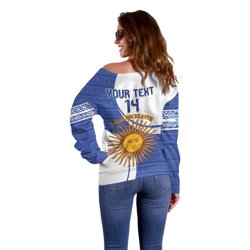 Custom Argentina Football Off Shoulder Sweater Vamos La Albiceleste - Navy Blue Version - Wonder Print Shop