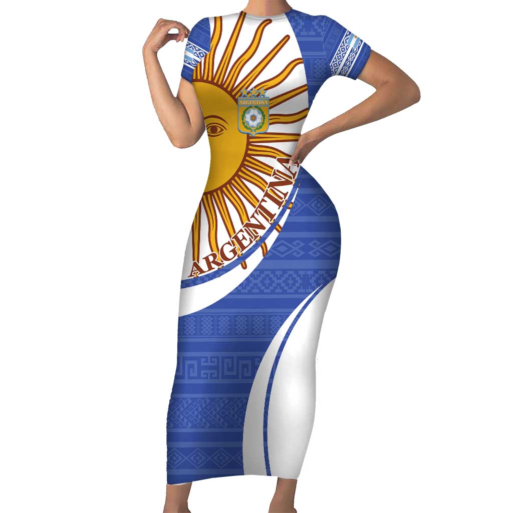 Custom Argentina Football Short Sleeve Bodycon Dress Vamos La Albiceleste - Navy Blue Version - Wonder Print Shop
