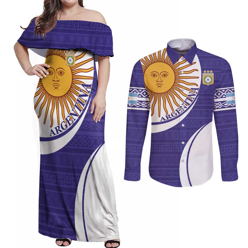Custom Argentina Football Couples Matching Off Shoulder Maxi Dress and Long Sleeve Button Shirt Vamos La Albiceleste - Purple Version - Wonder Print Shop