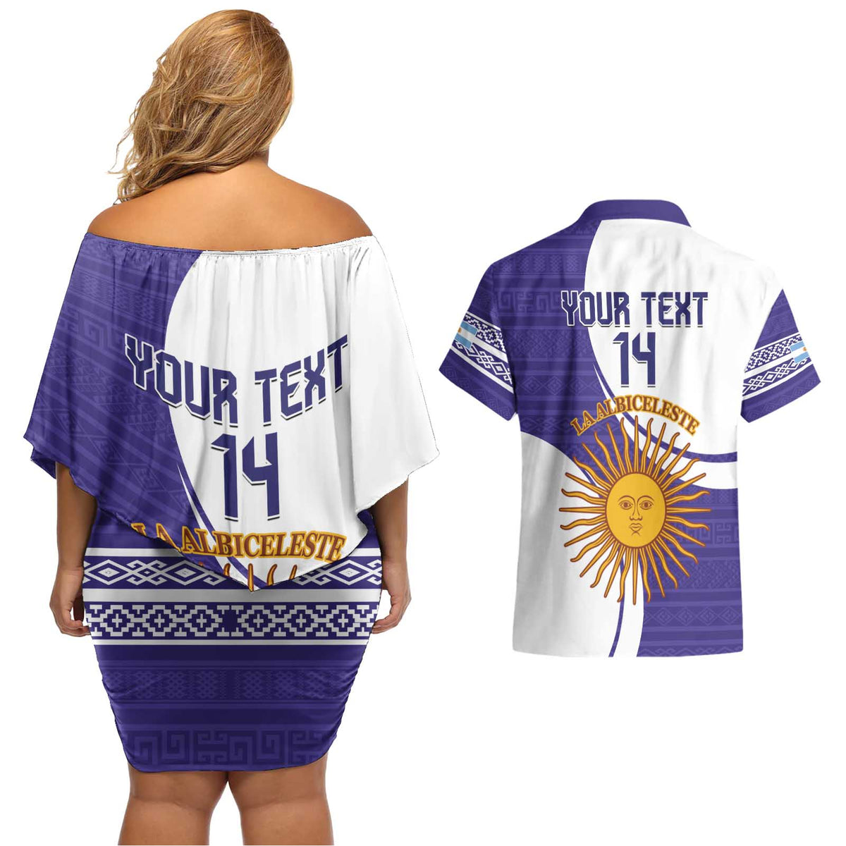 Custom Argentina Football Couples Matching Off Shoulder Short Dress and Hawaiian Shirt Vamos La Albiceleste - Purple Version - Wonder Print Shop