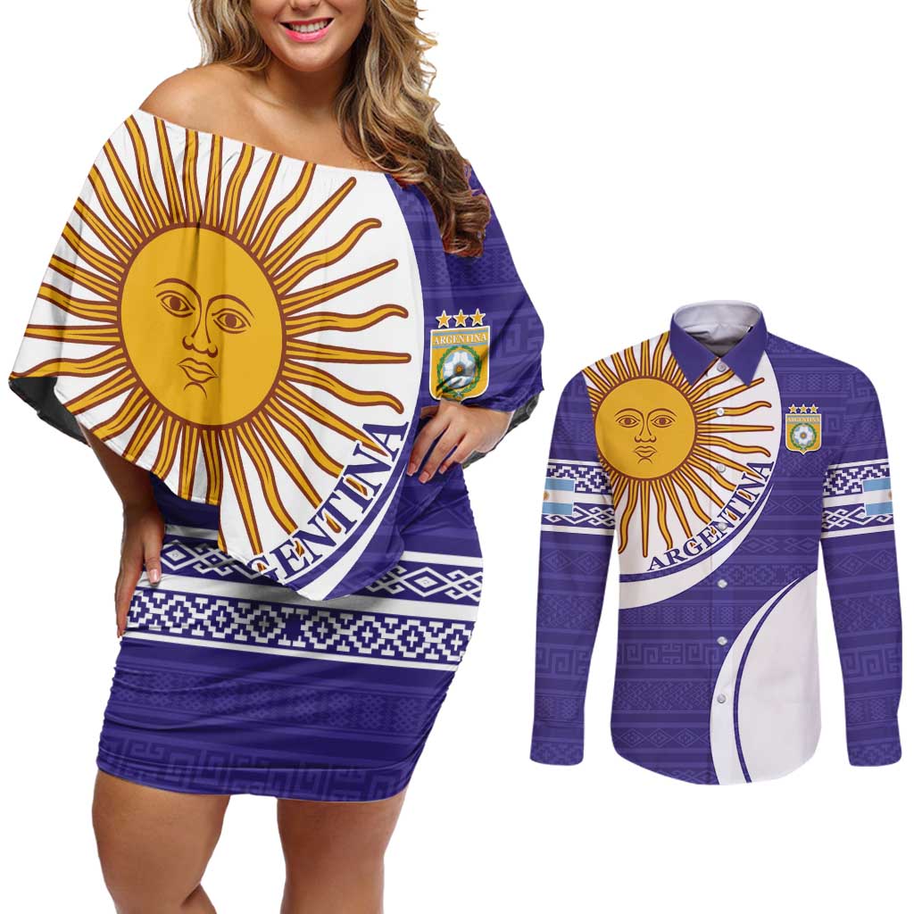 Custom Argentina Football Couples Matching Off Shoulder Short Dress and Long Sleeve Button Shirt Vamos La Albiceleste - Purple Version - Wonder Print Shop