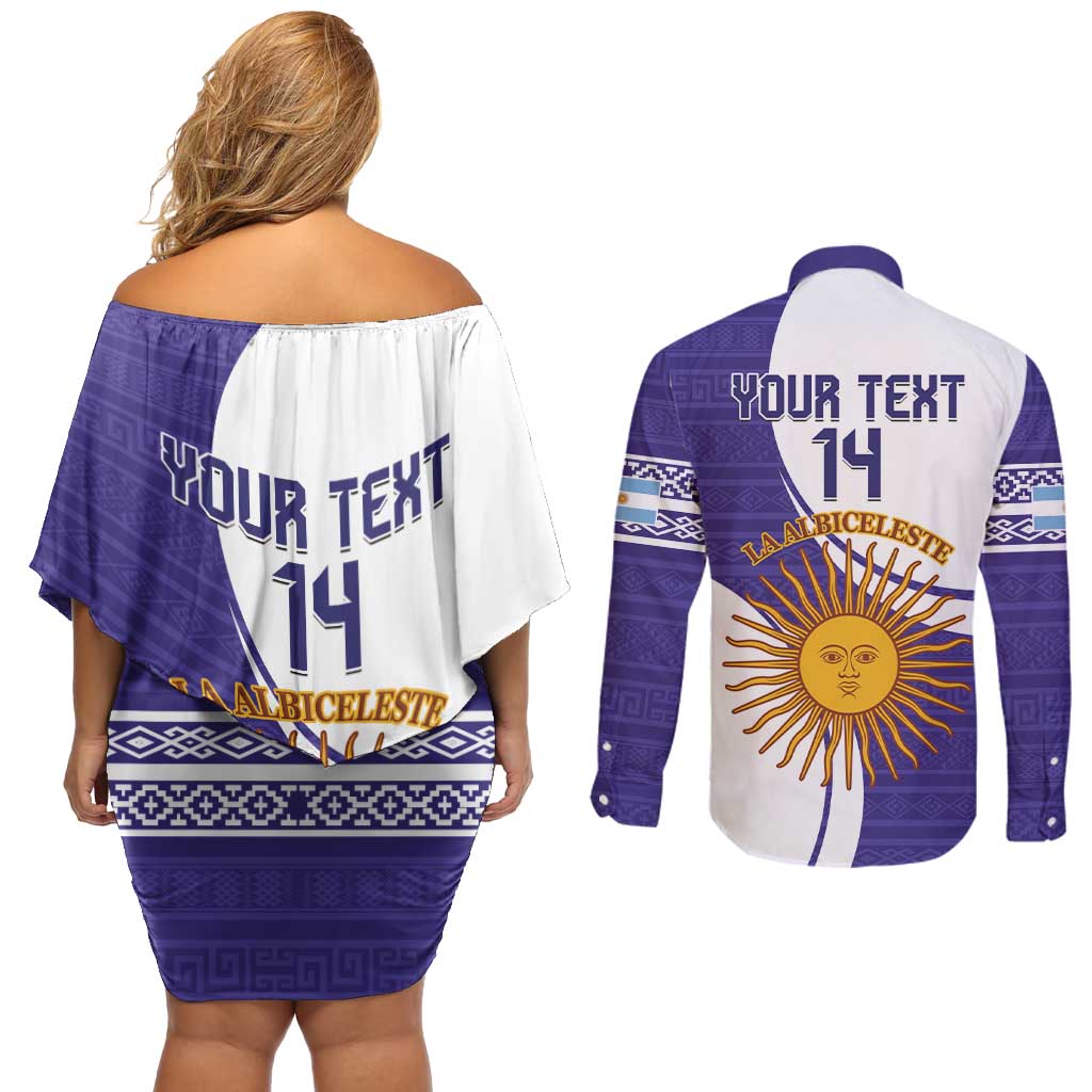 Custom Argentina Football Couples Matching Off Shoulder Short Dress and Long Sleeve Button Shirt Vamos La Albiceleste - Purple Version - Wonder Print Shop