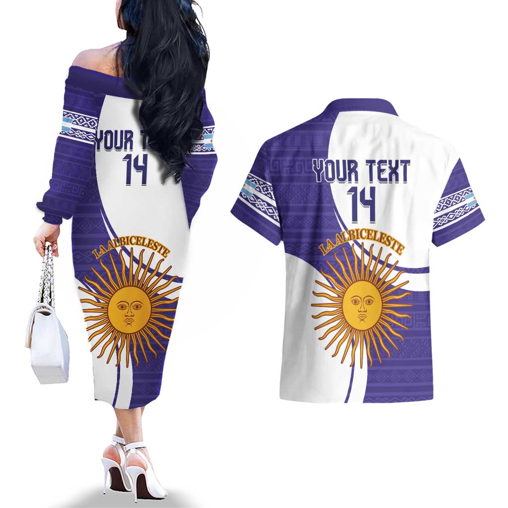 Custom Argentina Football Couples Matching Off The Shoulder Long Sleeve Dress and Hawaiian Shirt Vamos La Albiceleste - Purple Version - Wonder Print Shop