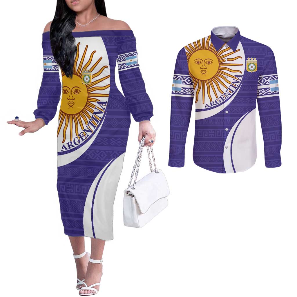 Custom Argentina Football Couples Matching Off The Shoulder Long Sleeve Dress and Long Sleeve Button Shirt Vamos La Albiceleste - Purple Version