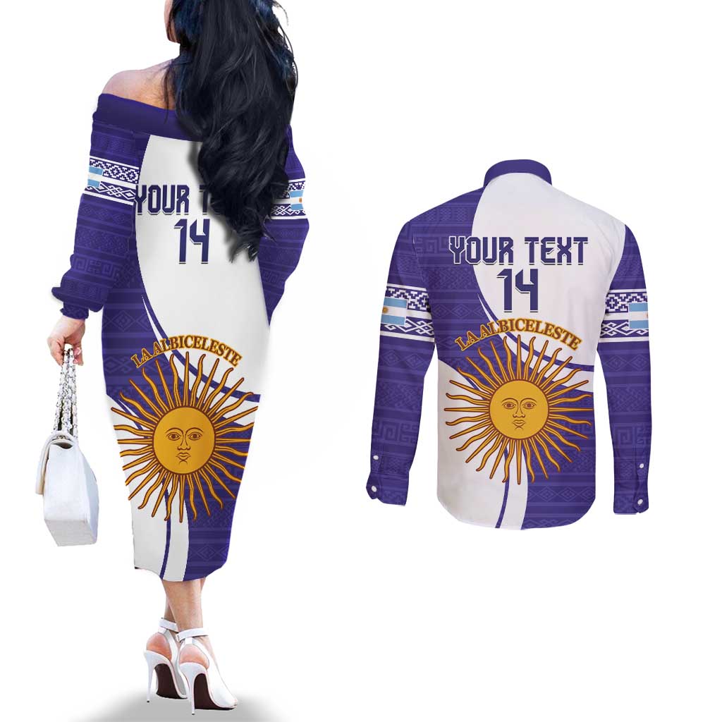 Custom Argentina Football Couples Matching Off The Shoulder Long Sleeve Dress and Long Sleeve Button Shirt Vamos La Albiceleste - Purple Version