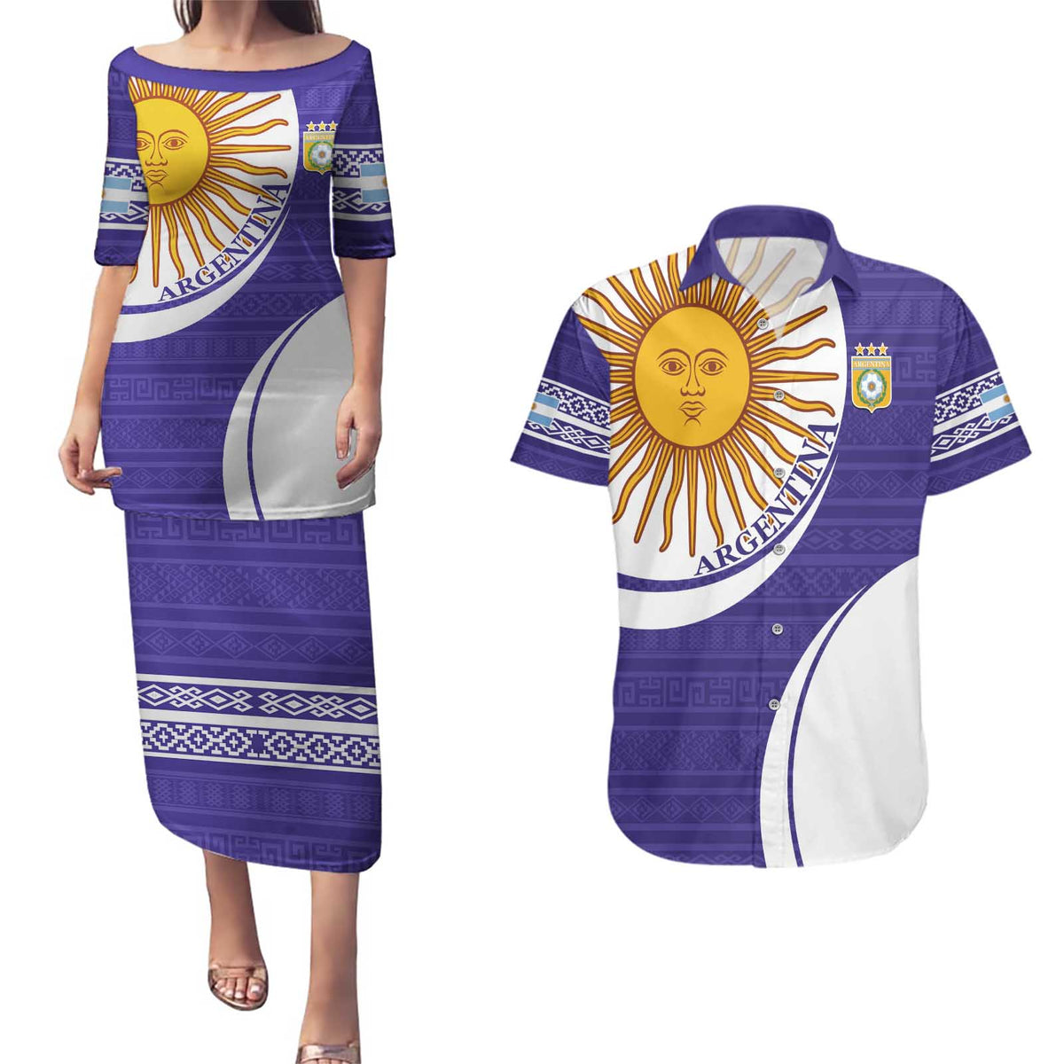 Custom Argentina Football Couples Matching Puletasi and Hawaiian Shirt Vamos La Albiceleste - Purple Version - Wonder Print Shop
