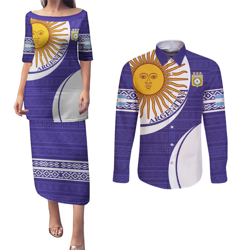 Custom Argentina Football Couples Matching Puletasi and Long Sleeve Button Shirt Vamos La Albiceleste - Purple Version - Wonder Print Shop