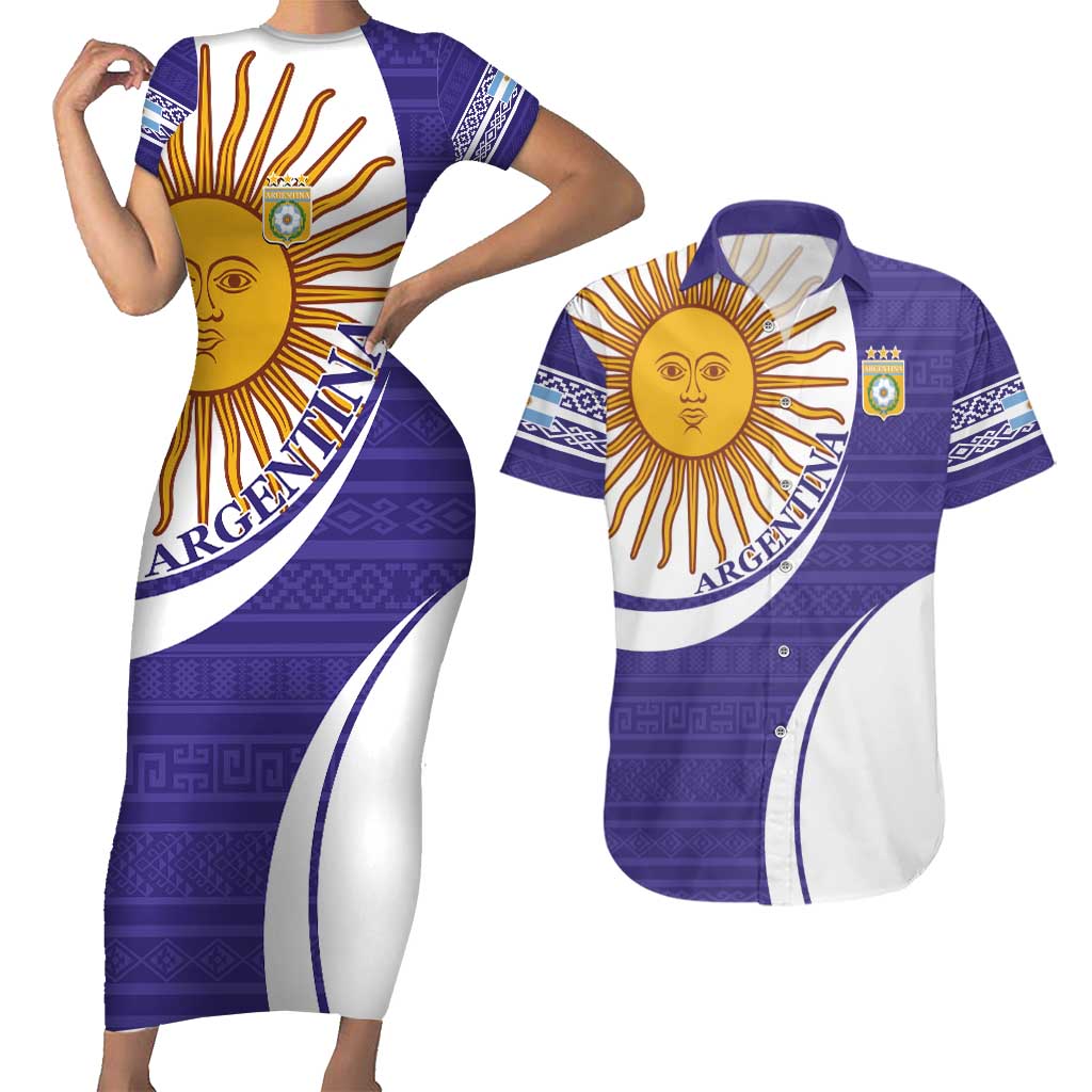 Custom Argentina Football Couples Matching Short Sleeve Bodycon Dress and Hawaiian Shirt Vamos La Albiceleste - Purple Version - Wonder Print Shop
