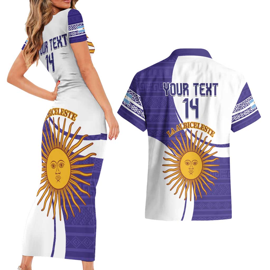 Custom Argentina Football Couples Matching Short Sleeve Bodycon Dress and Hawaiian Shirt Vamos La Albiceleste - Purple Version - Wonder Print Shop