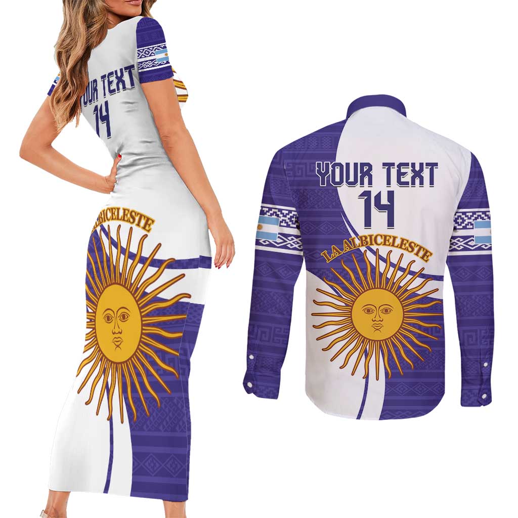 Custom Argentina Football Couples Matching Short Sleeve Bodycon Dress and Long Sleeve Button Shirt Vamos La Albiceleste - Purple Version - Wonder Print Shop