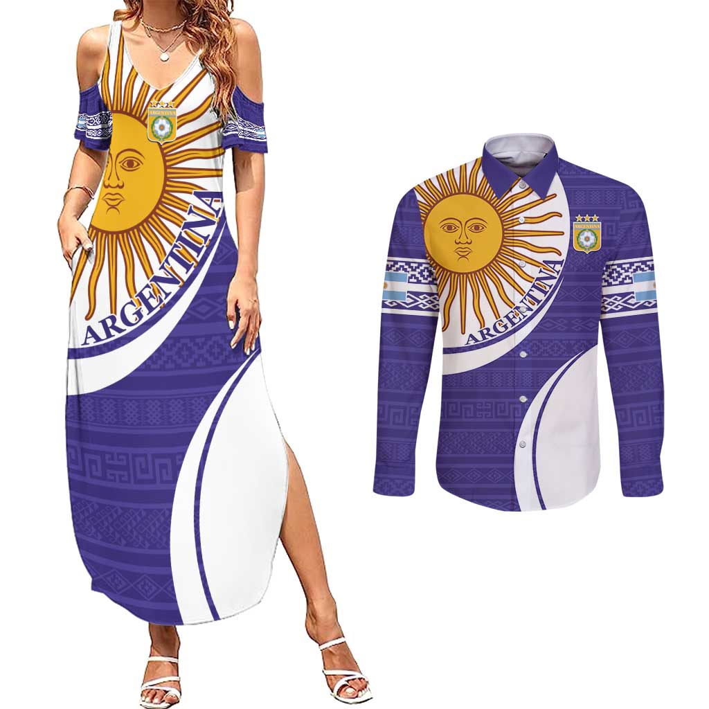 Custom Argentina Football Couples Matching Summer Maxi Dress and Long Sleeve Button Shirt Vamos La Albiceleste - Purple Version - Wonder Print Shop