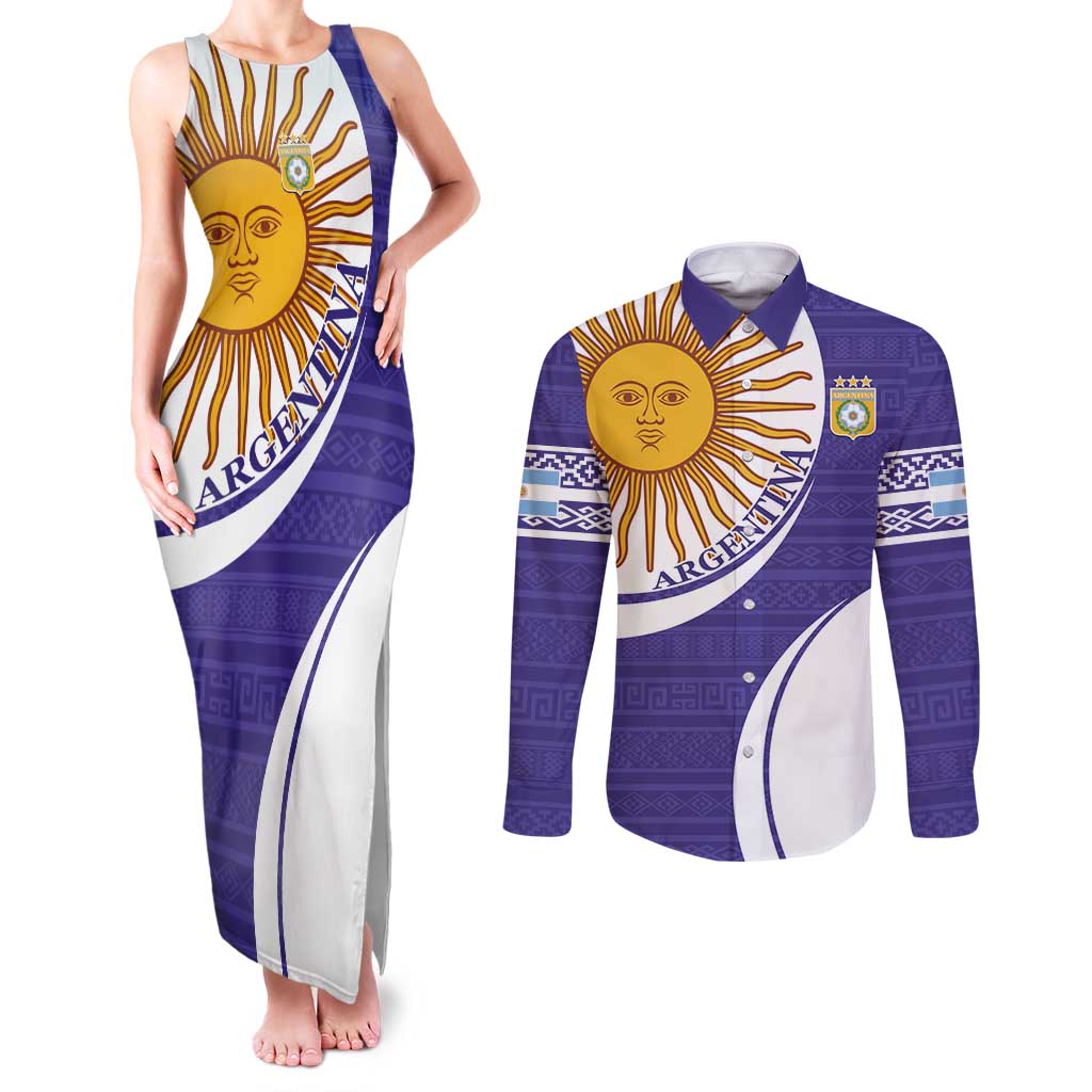 Custom Argentina Football Couples Matching Tank Maxi Dress and Long Sleeve Button Shirt Vamos La Albiceleste - Purple Version - Wonder Print Shop