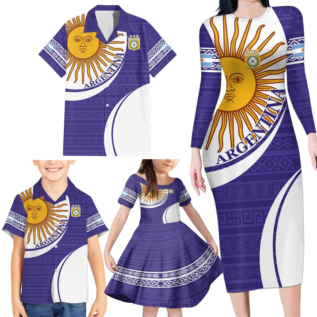 Custom Argentina Football Family Matching Long Sleeve Bodycon Dress and Hawaiian Shirt Vamos La Albiceleste - Purple Version - Wonder Print Shop