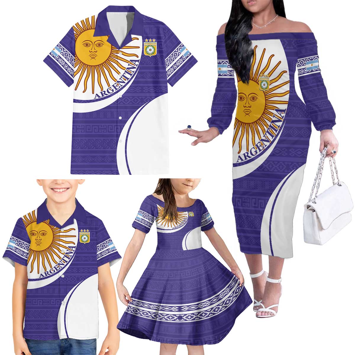 Custom Argentina Football Family Matching Off The Shoulder Long Sleeve Dress and Hawaiian Shirt Vamos La Albiceleste - Purple Version - Wonder Print Shop